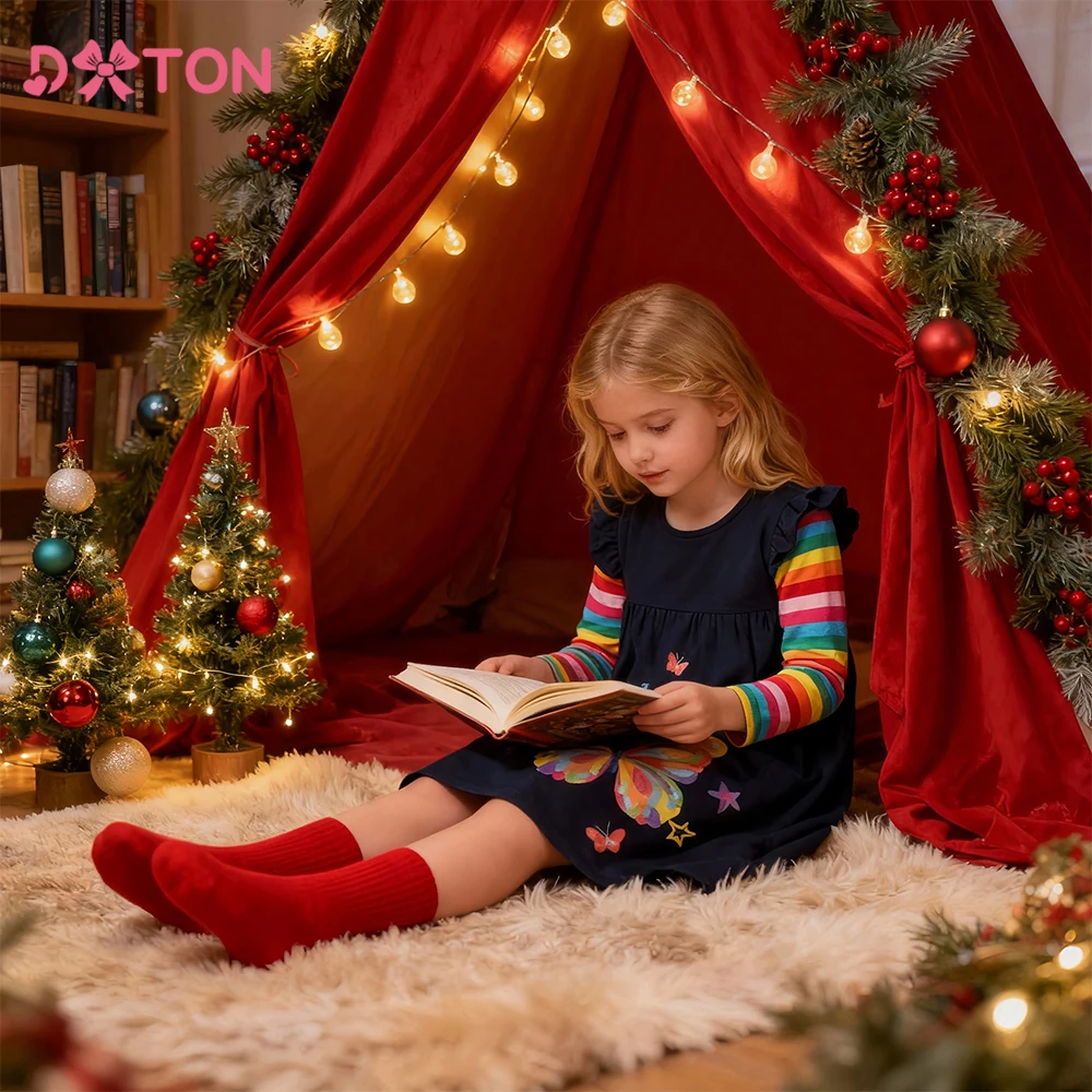 

DXTON Autumn Kids Dresses For Girls Rainbow Flying Long Sleeve Cotton Toddler Dress Butterfly Print Casual Girls School Dresses