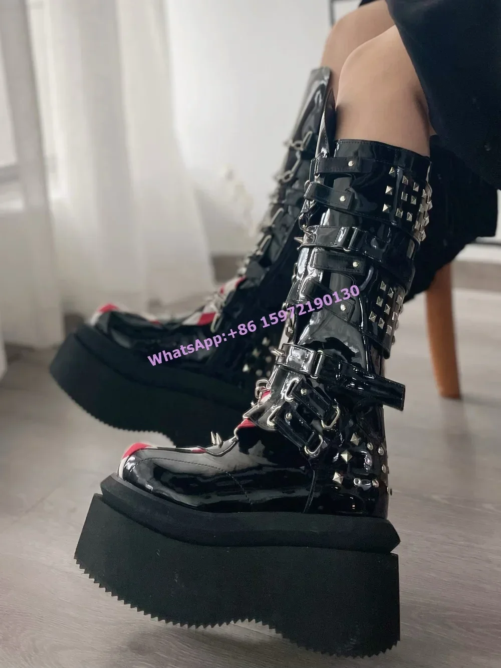 Checkered Metal Chain Rivet Boots Round Toe Platform Thick Soled Knee High Boots Buckle Belt Black Patent Leather Shoes 2024