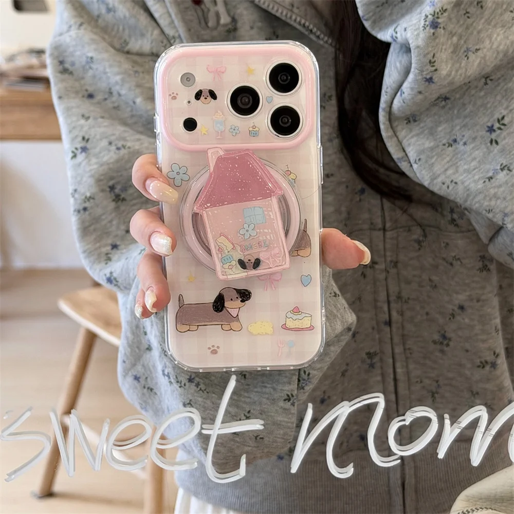 Cute Pink Grid Dog Magnetic Phone Case For iPhone 15 16 17 18 Pro Max Grip Holder Shell Cartoon Bow Shockproof Protective Cover