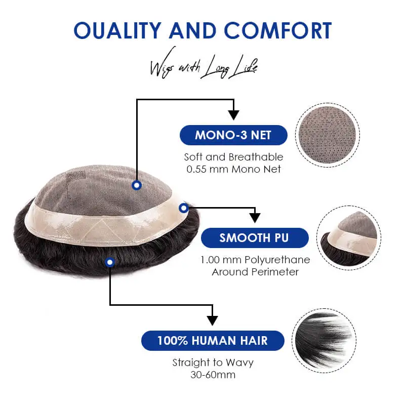 Toupee MONO ชายวิกผมผู้ชายผมมนุษย์ 130% ความหนาแน่นทนทานชายผมเทียม Toupee ผู้ชาย 6 \