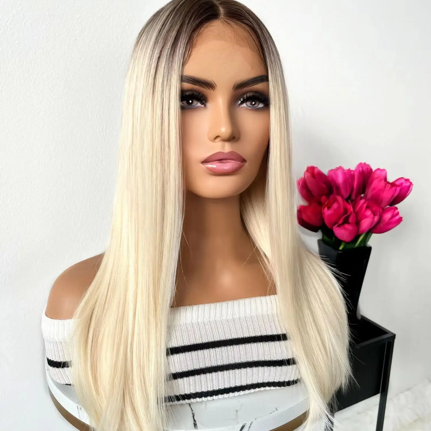 20 Inches Ombre Light Blonde Glueless Wigs Synthetic Hair Natural Straight Soft 13*4 HD Transparent Lace Wigs Realistic Look Wig