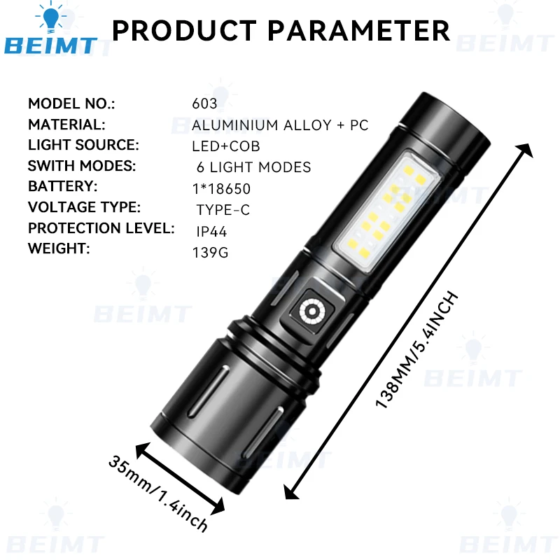 20W COB + LED torcia ricaricabile torcia esterna multifunzionale portatile zoomabile impermeabile campeggio escursionismo lanterna luce