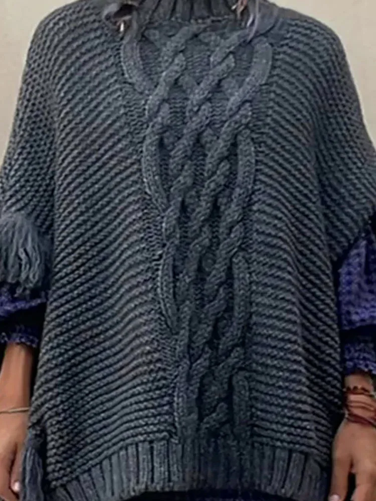 

Autumn Women Casual Batwing Sleeve Loose Knitted Winter Fashion Hollow Tassel Splicing Tops Elegant O-neck Solid Pullover Jumper