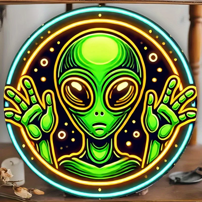 2D Vivid Alien Arrival Neon Sign - Non-Luminous Round Wall Art, Bright Green and Yellow Design, Perfect for Home, Bar, Cafe, Gar