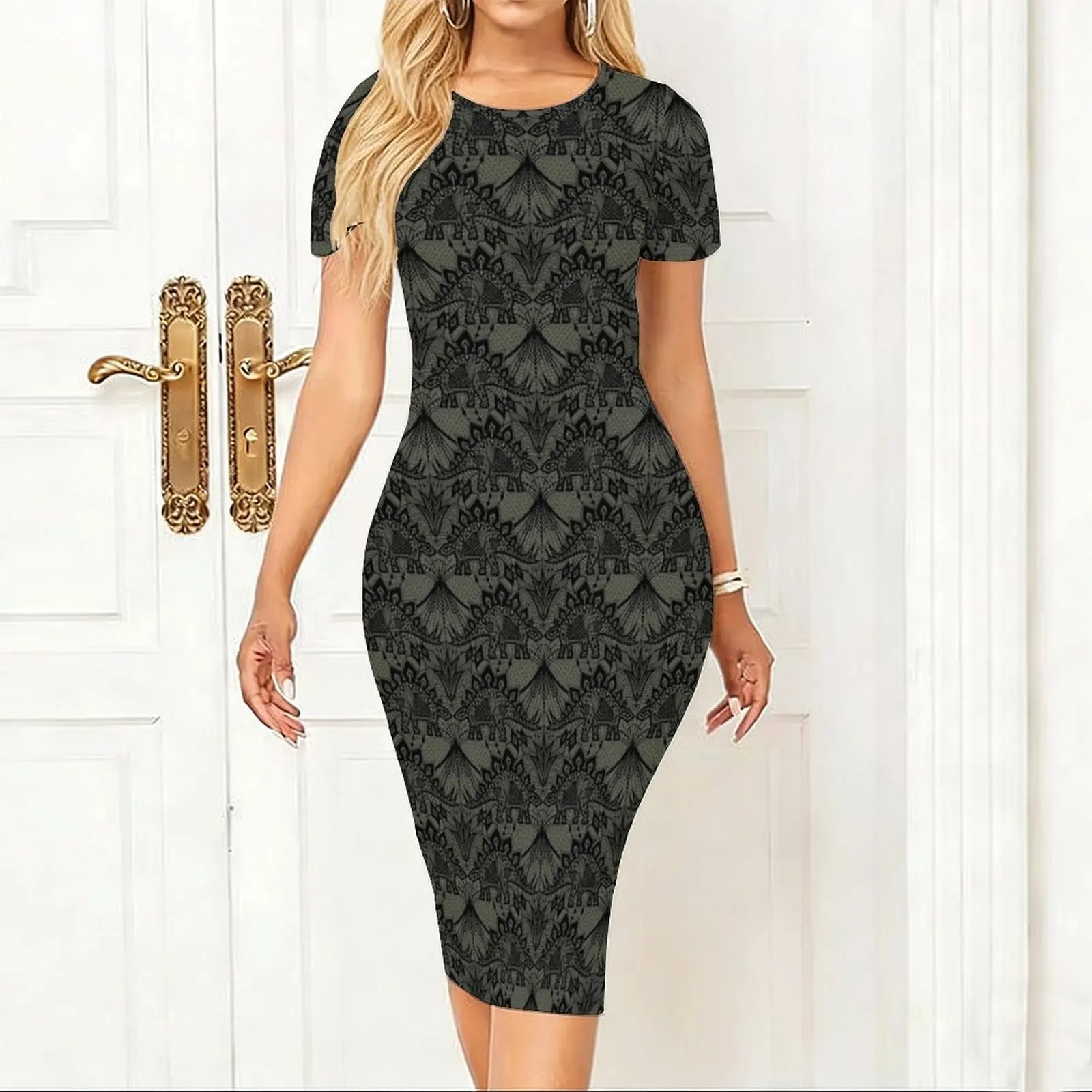 Stegosaurus Lace - Black / Grey Women's Short sleeved Tight Hip hugging Skirt