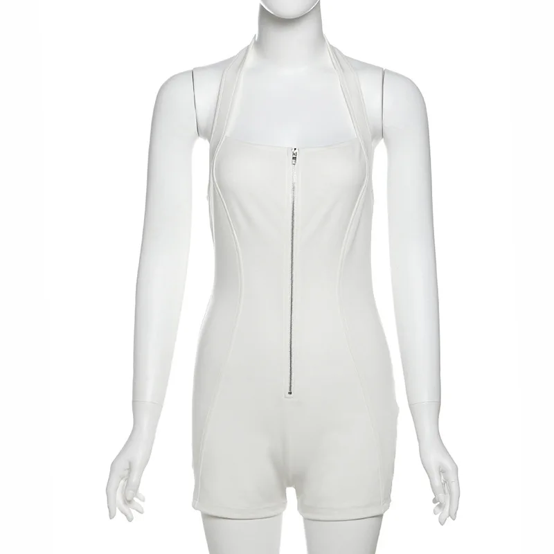 YUZHEXI zipper closure white short halter jumpsuit women summer sleeveless bodycon playsuit streetwear