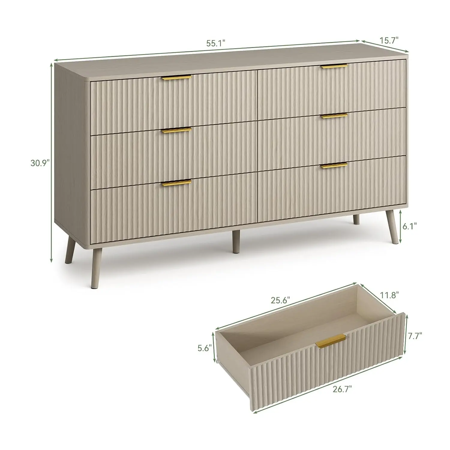 Fluted 6-Drawer Dresser & Nightstand Set of 3, 55 Inch Wide Bedroom Storage for Hallway, Beige, Customized