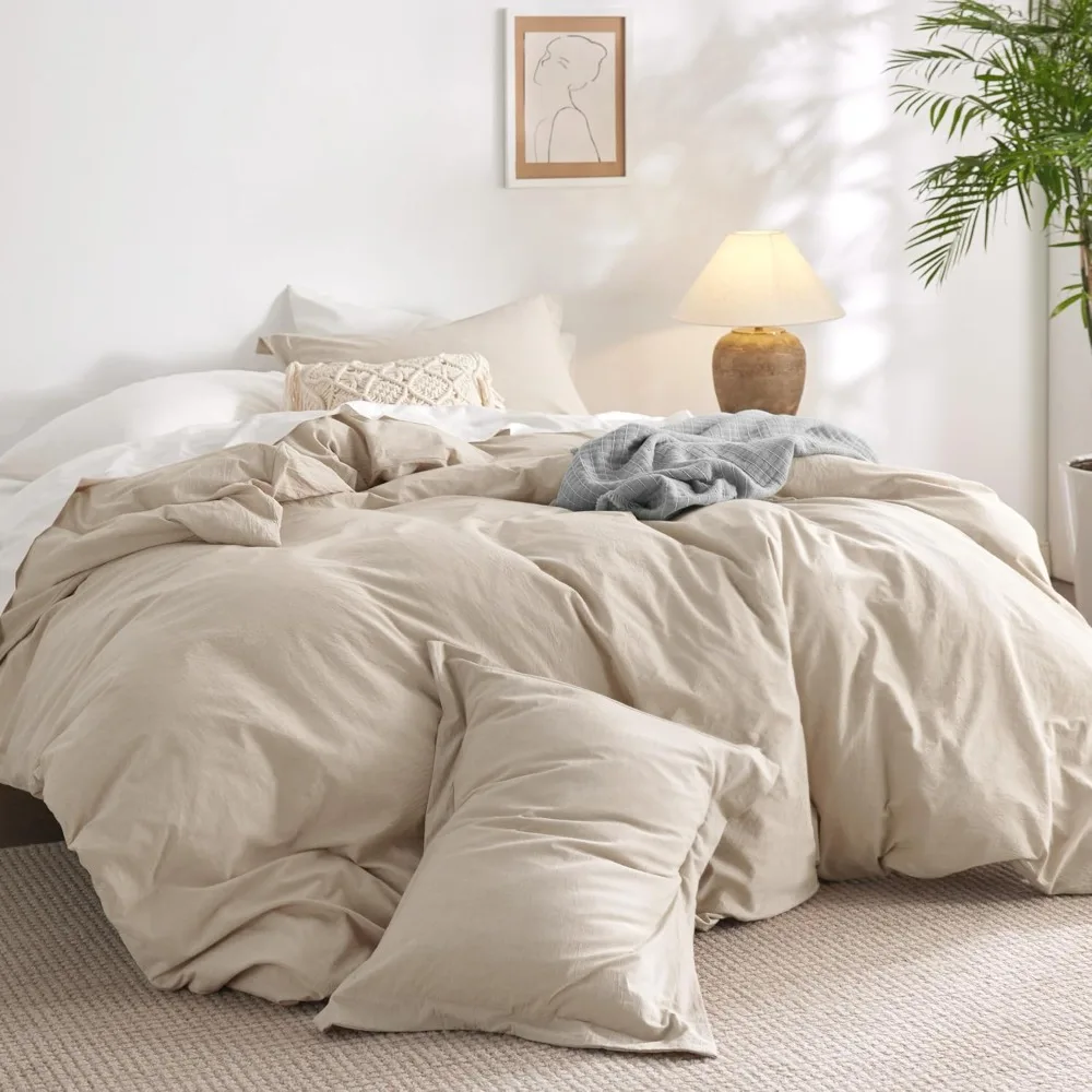 

100% Washed Cotton Duvet Cover King Size - Beige Minimalist Cotton Duvet Cover Set Linen Like - 3 Pieces Plain Simple Cotton