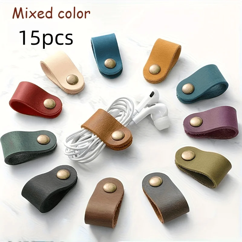 15pcs Faux Leather Cable Ties for Data Lines & Earphones - Durable Non-Slip Cord Organizers, Compatible with Smartphones,