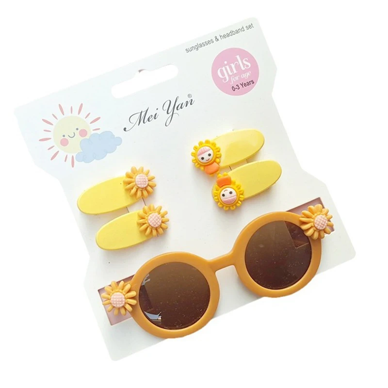5Pcs/set Kids Summer Round Sunglasses Children Headwear Glasses Flower Barrette Gift Sets Girls Lovely Glasses Hair Accessories