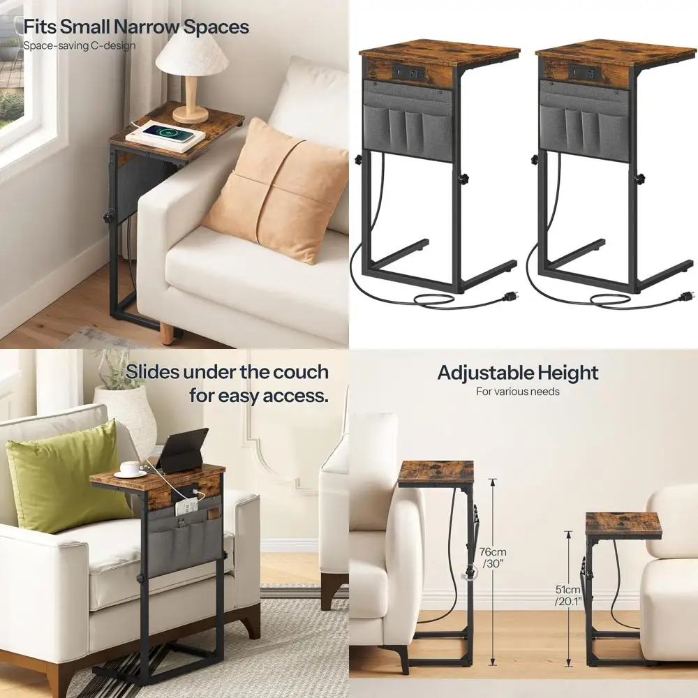 

Set of 2 C-Shaped Sofa Side Tables with Charging Station, 30 Adjustable Height, Rustic Brown