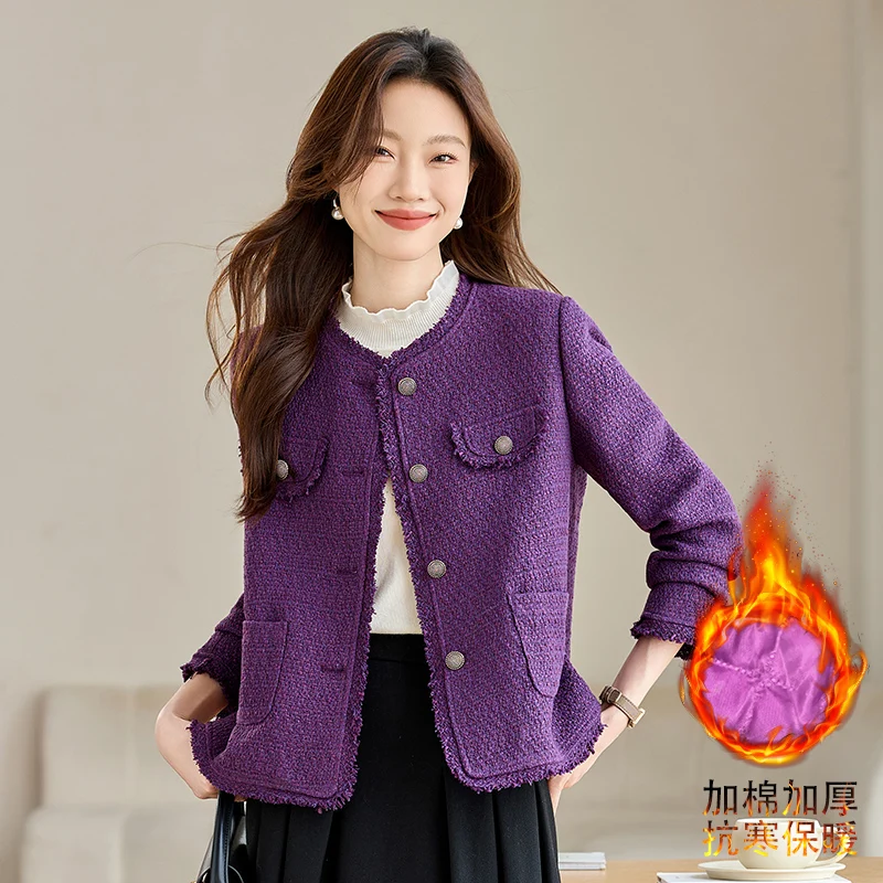 2024 New Autumn Winter Women Single Breasted Short Jacket High Quality Korean Fashion Thicken Purple Tweed Jacket S-2XL