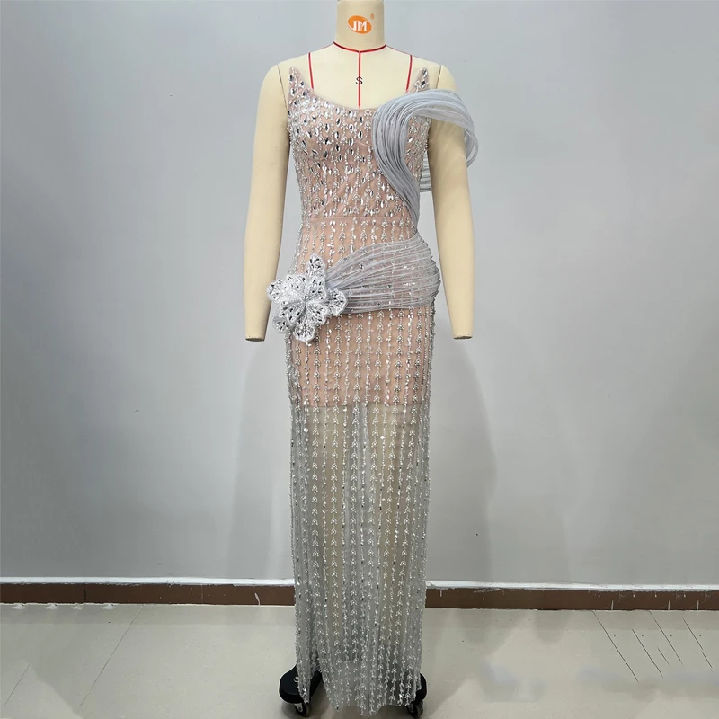 

Full Rhinestones Catwalk Dress Women Party Jazz Dance Costume Celebrate Outfits Evening Wedding Dress Festival Gown XS10158