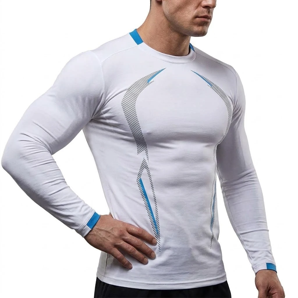 Herren-Langarmshirt, schnelltrocknend, sportlich, für Fitnessstudio, Workout, eng anliegend, schmal geschnitten, atmungsaktiv, für Bodybuilding und Sport. – Detail 4