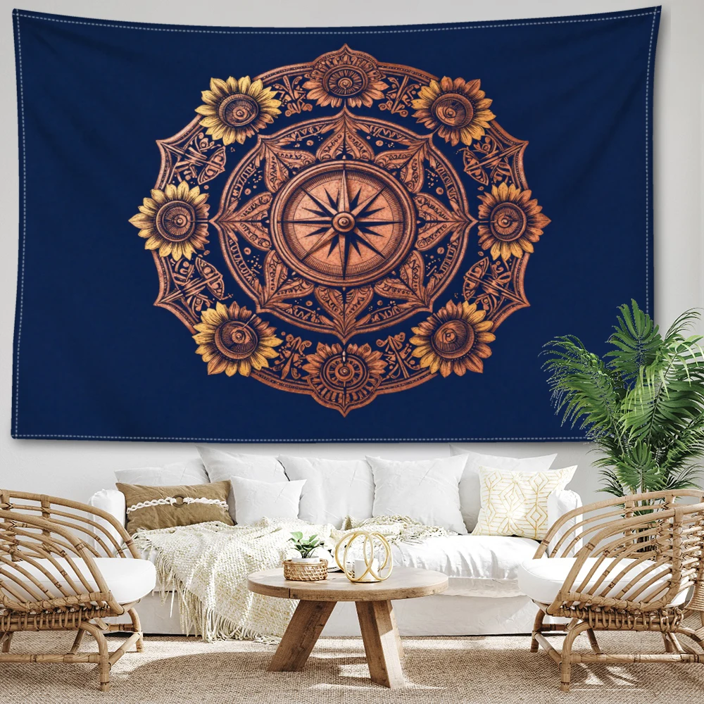 Navy Blue Compass Sunflower Symmetrical Wall Tapestry, Boho Decor