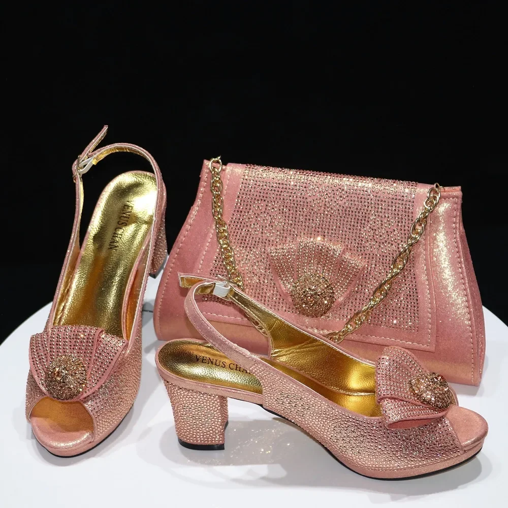 Venus Chan 2024 Italian Design Girly Style Golden Color Wedding Shoes And Bag Full Diamond Decoration Metal Closure Bags image 3