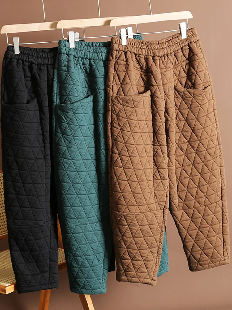 Pantalones largos acolchados de rombos para mujer, ropa de abrigo de cintura alta, gruesos, cálidos, informales, bombachos, a la moda, novedad de invierno, 2024