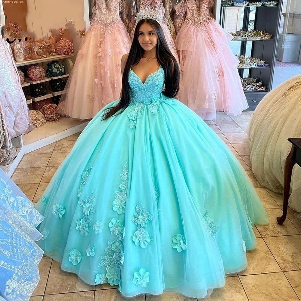 Suknie Quinceanera Aqua na zamówienie 2025 Suknia balowa Dekolt w serek Kwiaty 3D Słodka sukienka na 16 urodziny Vestidos De 15 Anos Suknia na debiutantkę Urodzinowa