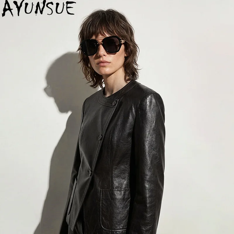 AYUNSUE Women's Real Leather Jackets Retro Commuting Suit-style Jacket Woman Distressed Leather Jacket Woman Clothes Jaqueta