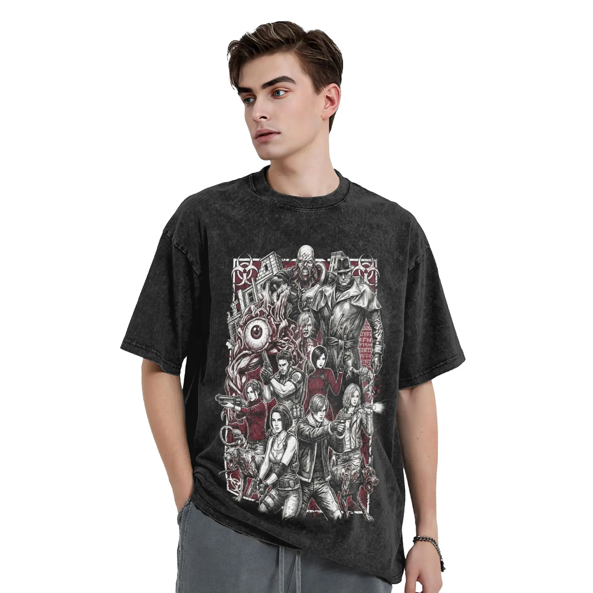 Resident Evil   Jill Grace, Chris, Ada Claire contre Birkin Nemesis Washed T-Shirts Shirt Y2K Retro Printed Cotton Clothing