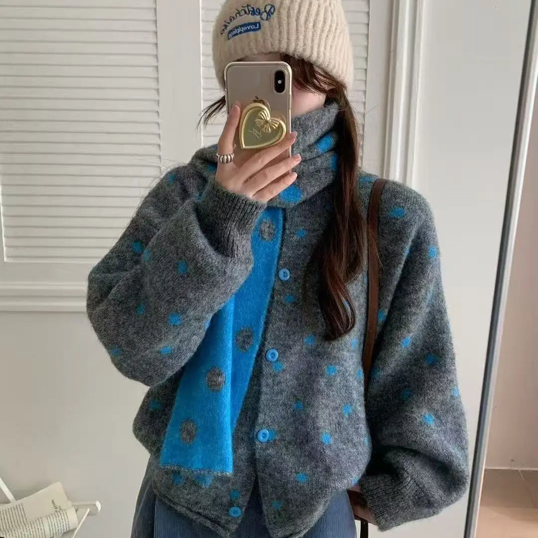 SALIENCY Japanese Style Relaxed Vintage Polka Dot Sweater Jacket for Women Autumn Versatile Set with Scarf & Knit Cardigan