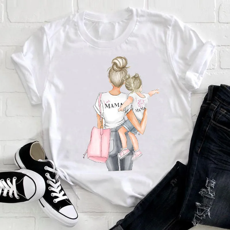 Women Cartoon Trend Fashion Striped Girl Mom Print Shirt Summer Personality White Short Sleeve T-shirt Women's Style Tops