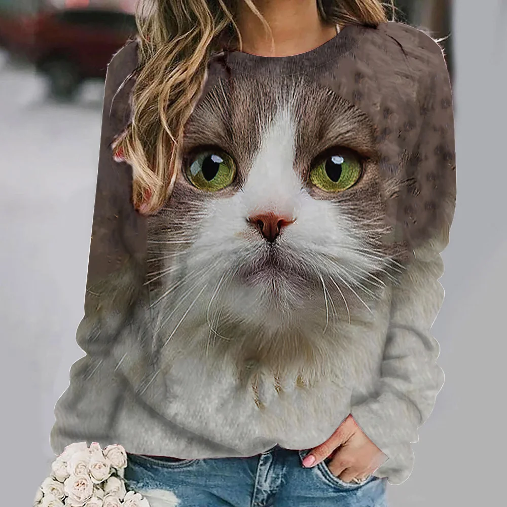 Cat Print maniche lunghe Tees Pullover Casual allentato Street abbigliamento femminile divertente carino top autunno/inverno cotone t-shirt da donna