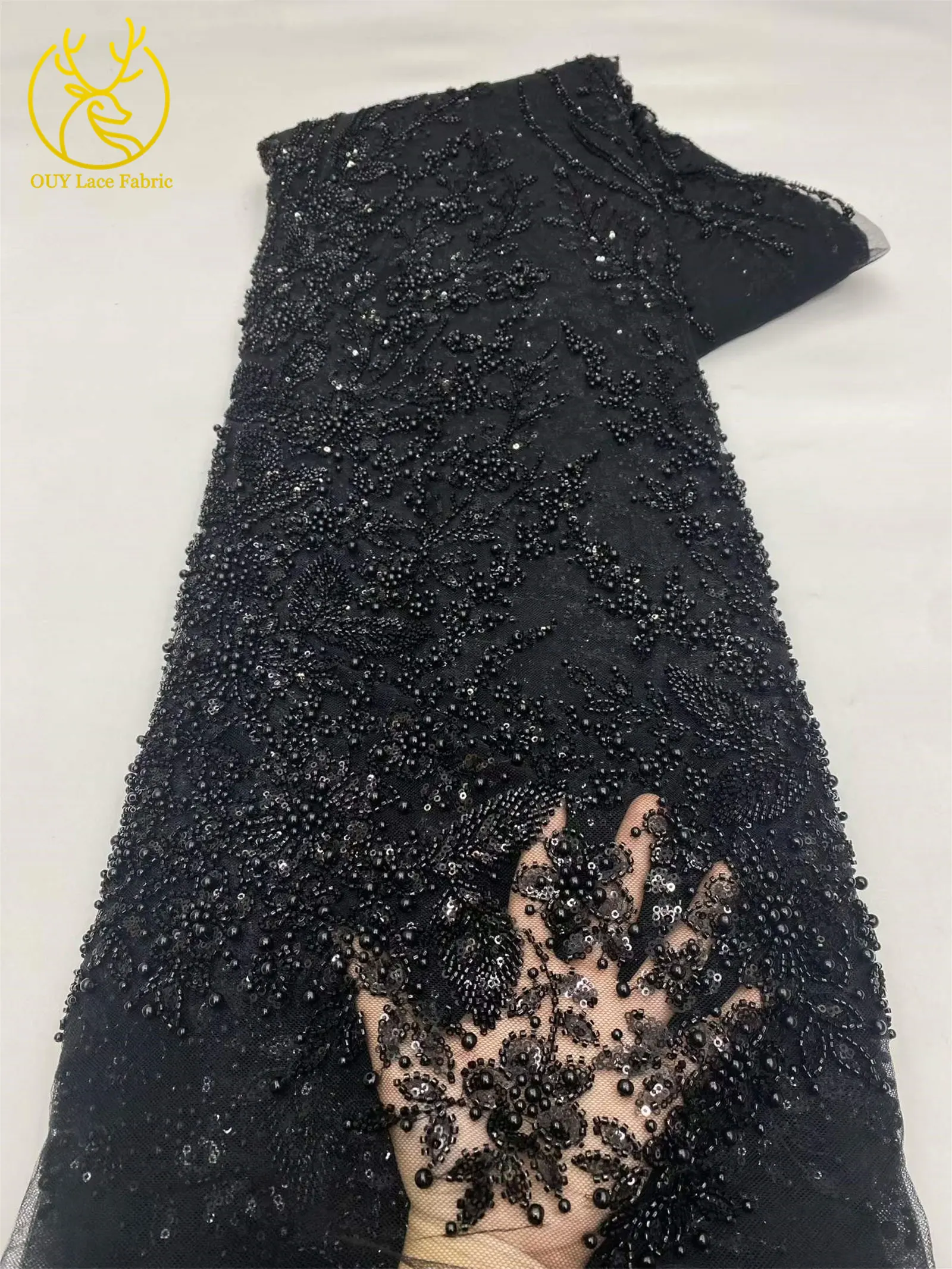Afrikanischer handgefertigter bestickter Pailletten-Spitzenstoff, blauer französischer Tüll-Mesh-Spitzenstoff, nigerianischer Bankettkleiderstoff – Detail 21