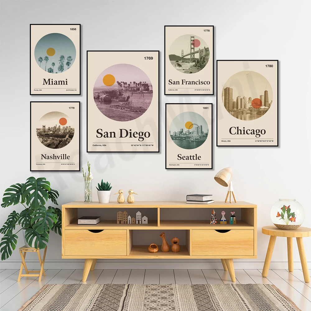 Seattle, Philadelphia, Los Angeles, Chicago, Miami, Nashville, California, New York City travel city medieval posters