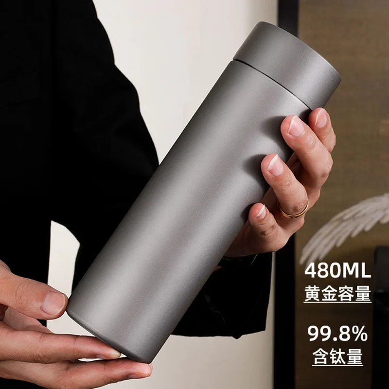 480ml Business Pure Titanium Thermal Water Bottle with Tea Filter, Double-Layer Vacuum Flask,Portable Anti-Bacterial Thermos Cup