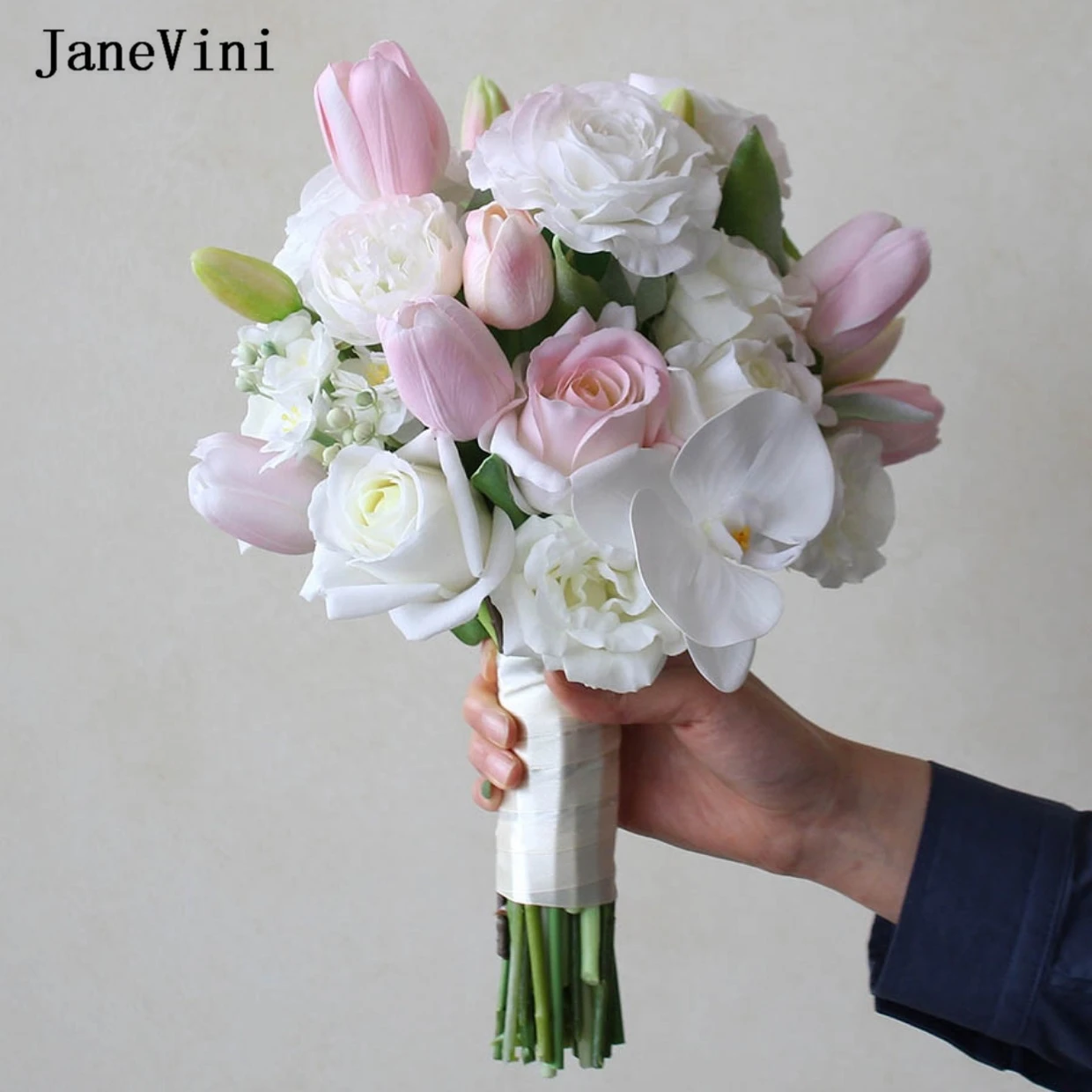 JaneVini Elegant Pink Tulip Korean Style Bridal Bouquets Artificial White Silk Roses Hydrangea Spring Wedding Bouquet for Bride