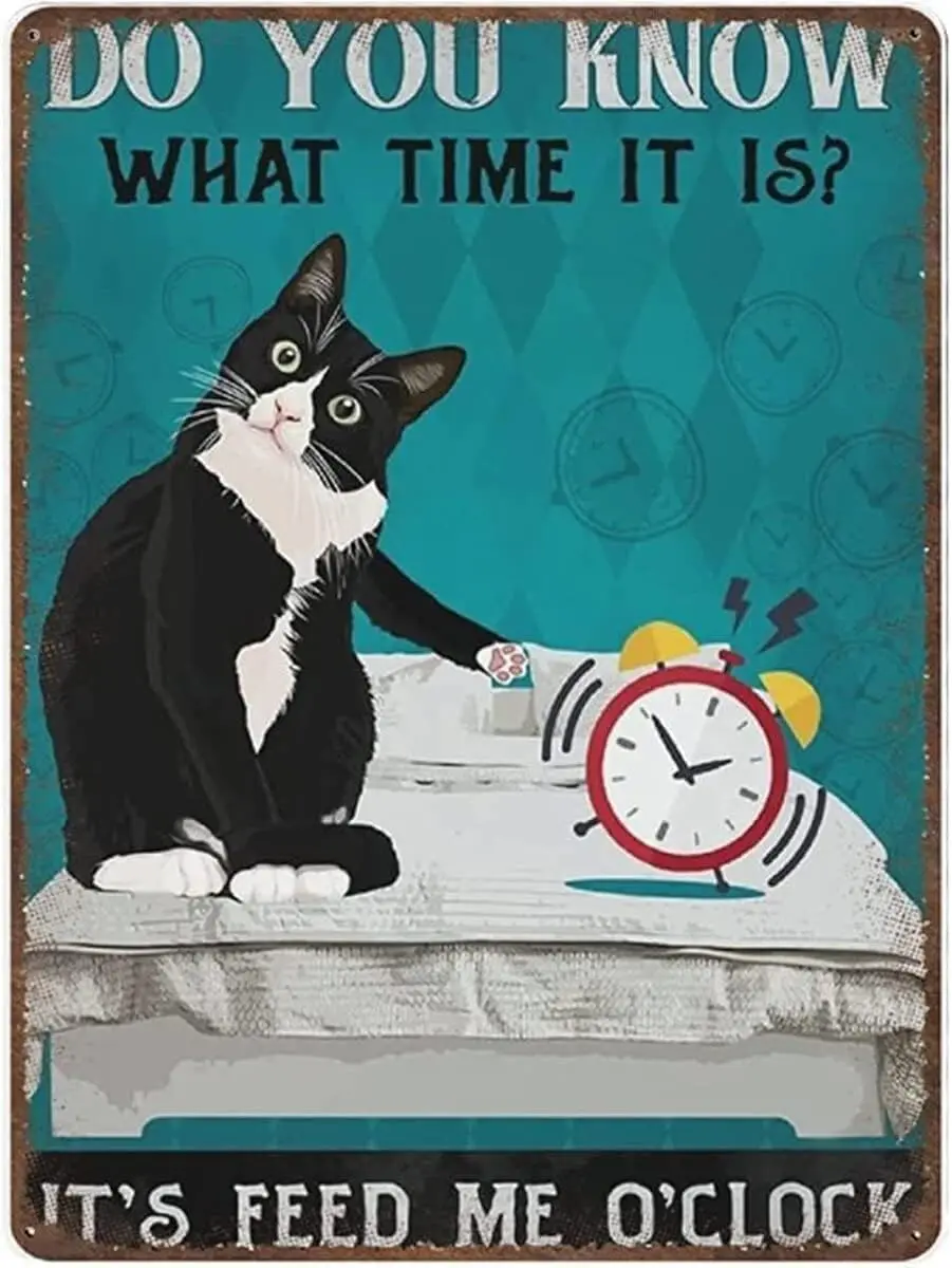 SaNavie Vintage Thick Metal Tin Sign-it's Feed Me O'clock Sign, Funny Tuxedo Cat Poster,home Decor Wall Art，funny Signs 