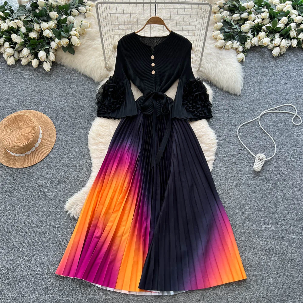 فساتين نسائية مطوي فستان متدرج كم طويل ياقة مستديرة ثلاثية الأبعاد زهرة طول الكاحل دانتيل فضفاض أنيق غير رسمي 2025 خريف شتاء #3