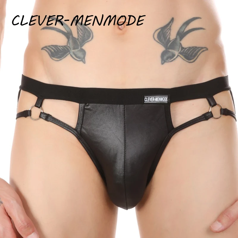 Men\'s Sexy PU Underwear Faux Leather Briefs U Convex Thong Bulge Penis Pouch Backless Bikini Open Butt Jockstrap Fetish Lingerie