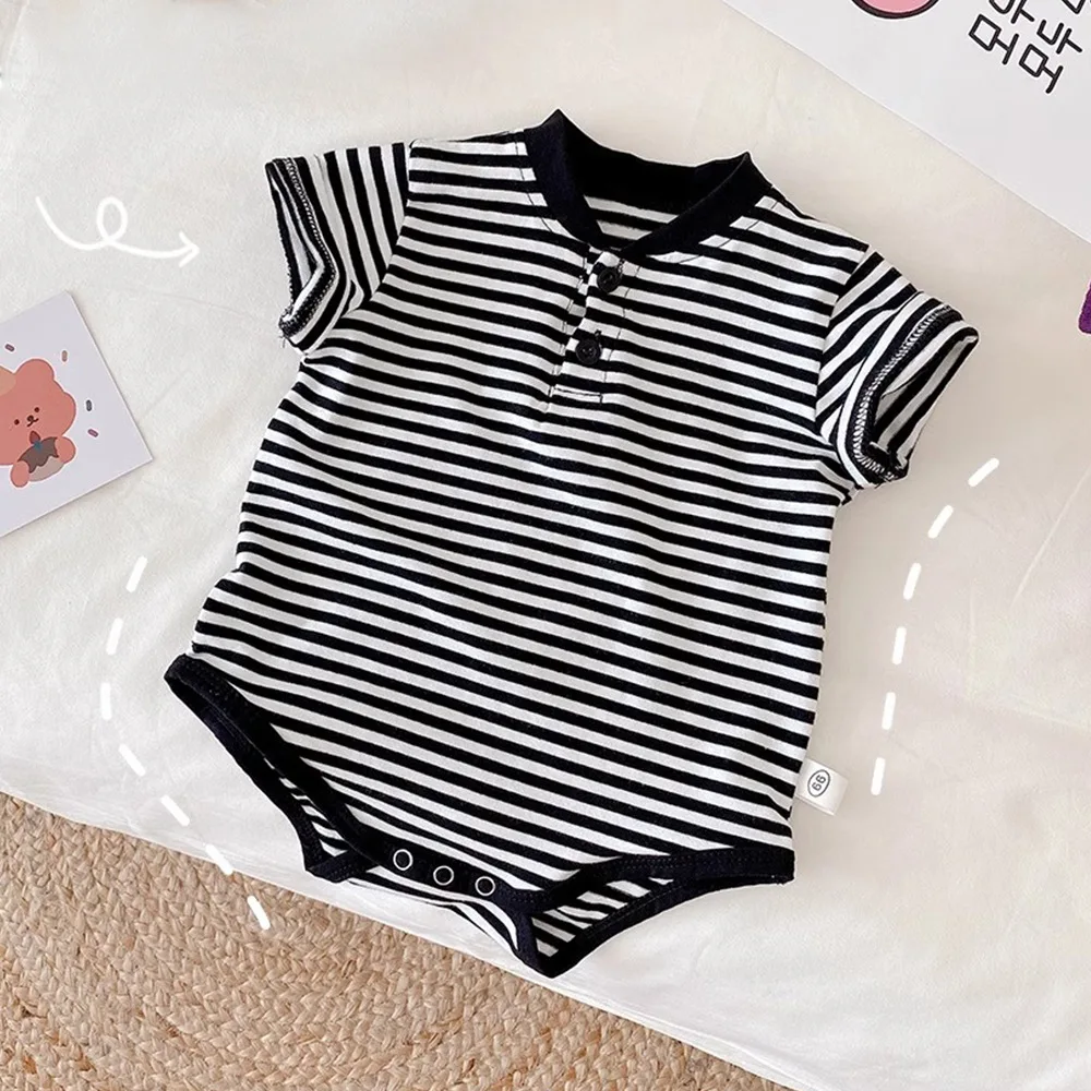 Somenie Unisex Baby Outing Triangular Bodysuit  Boys' Fashion Striped Short-Sleeve Outing Romper Girls' Cute Homewear Onesie