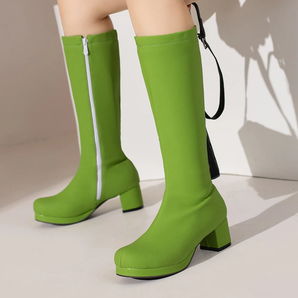 Women Boots Fashion round Toe Long Boots Cosplay Purple Yellow Knee High Boots For Women Candy Colors Boats 5CM Heels Shoes
