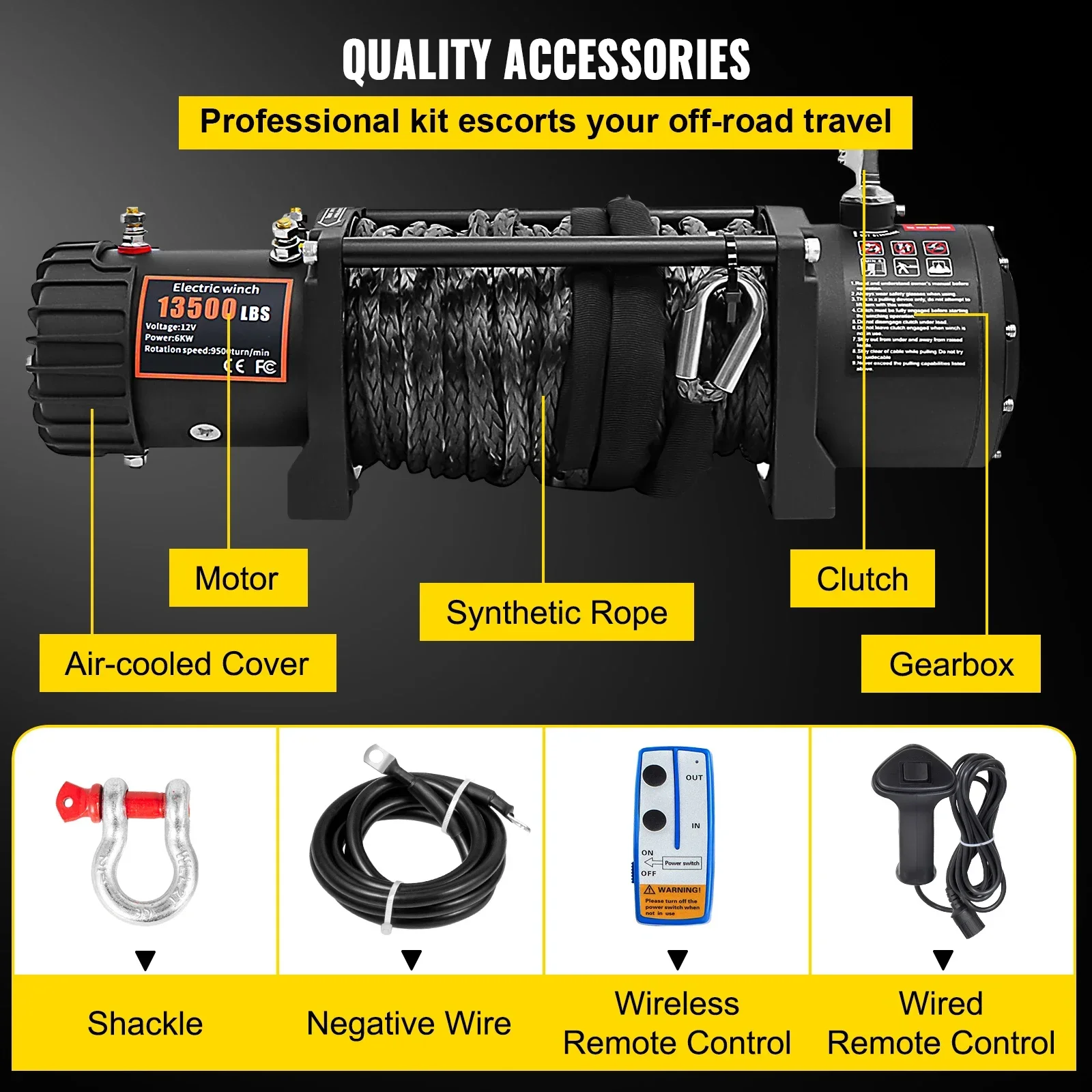 SIHAO 12v 13500lbs  Electric Winch 24M Synthetic Rope with Remote Control for 4X4 Car Trailer ATV Truck Off Road Boat