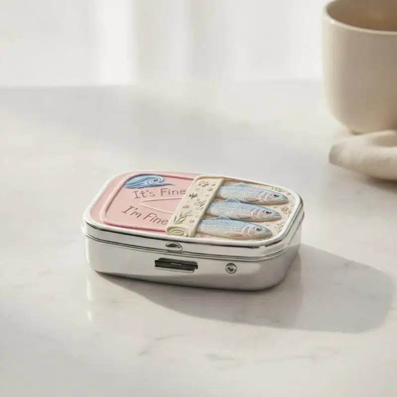 2 Compartments Metal Pill Box, It's Fine I'm Fine Sardine Print Portable Pocket Pill Case, Mini Travel Medicine Storage Contain