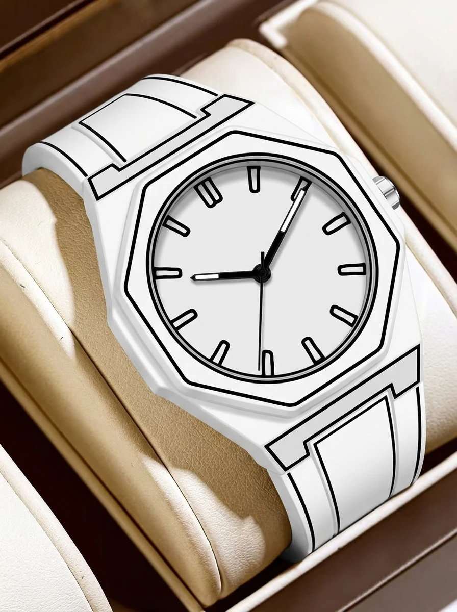 Trendy Minimalist Line Art Style Watch with Octagonal Alloy Case and Silicone Strap, Fashion Casual Wristwatch for Men and Women