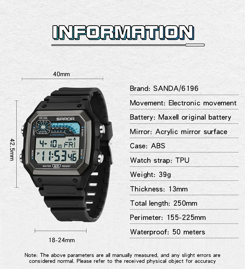 SANDA 6196 Sports Men\'s Lightweight Square Classic Fashion Electronic Rel ó gio mulher  Electronic Night Glow Waterproof Watch