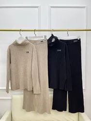 Turtleneck Split Pullover Sweater And Casual Elastic Wide-Leg Pants Women's Cashmere Suit