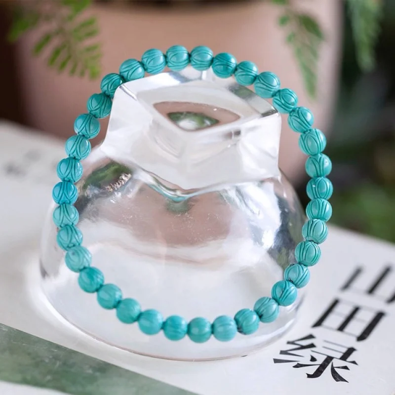 

Raw Ore Hubei Natural Turquoise Pure Beaded Bracelet Carved Lotus High-End 6mm Thin 9.03G Women's