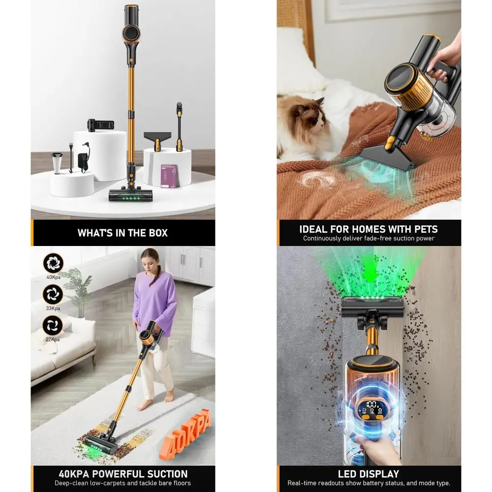 Aspiradora inalámbrica multifuncional, pantalla LED, 3 modos, batería de 45 minutos, liviana para el hogar, pelo de mascotas, alfombras (naranja)