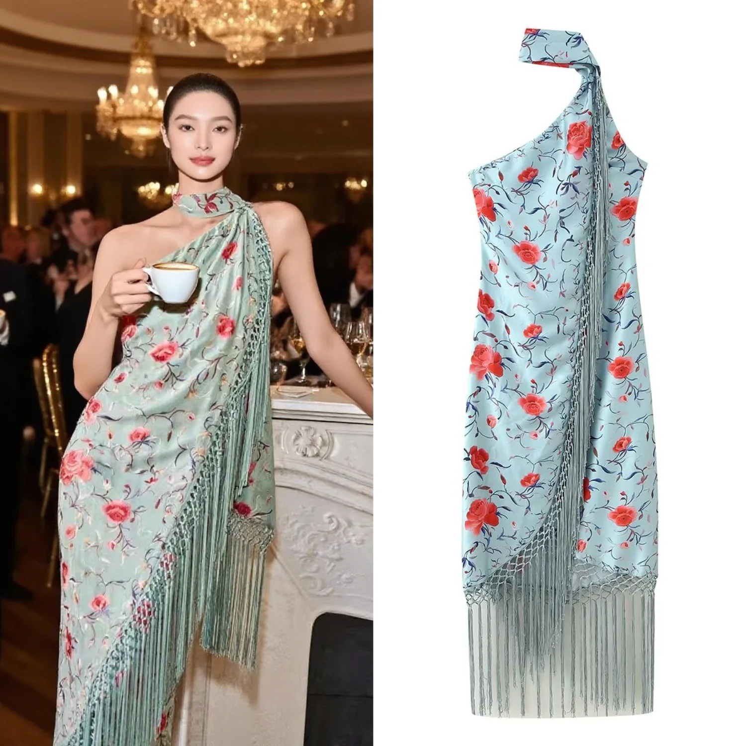 

New in summer 2026, fringed printed slanted shoulder neck long waist dress