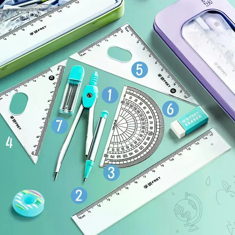 7pcs Mathematical Set Compass Lead Straight Ruler Combination for Students 2023 School Supplies Cute Math Drawing Measuring Tool