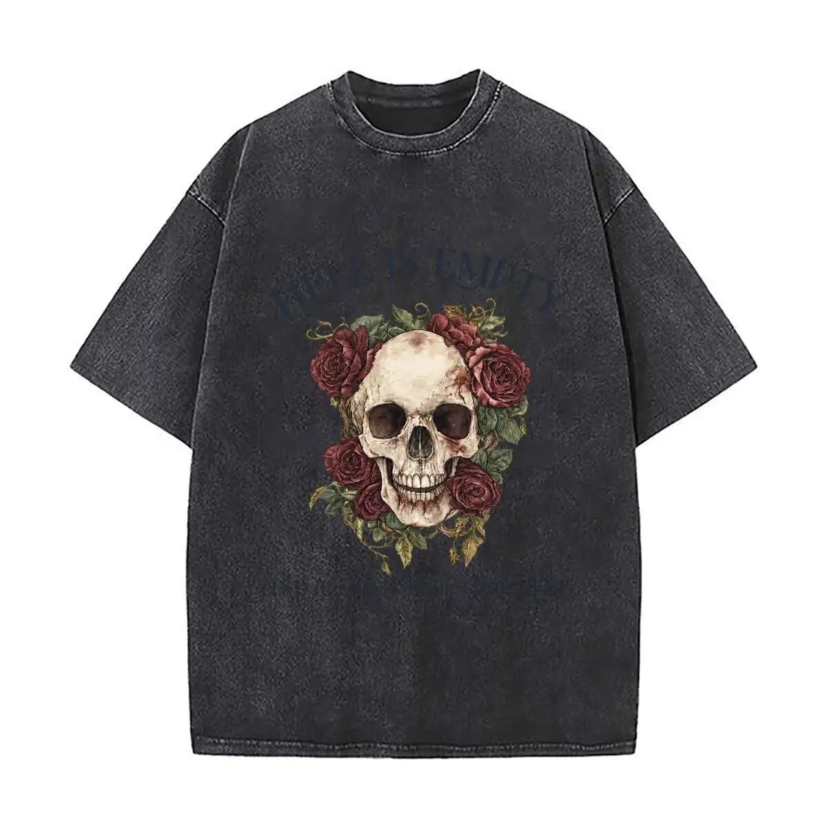 Hell Is Empty Shakespeare Tempest Skull Roses Devils Washed Short Sleeve Loose Streetwear Tee Hip Hop