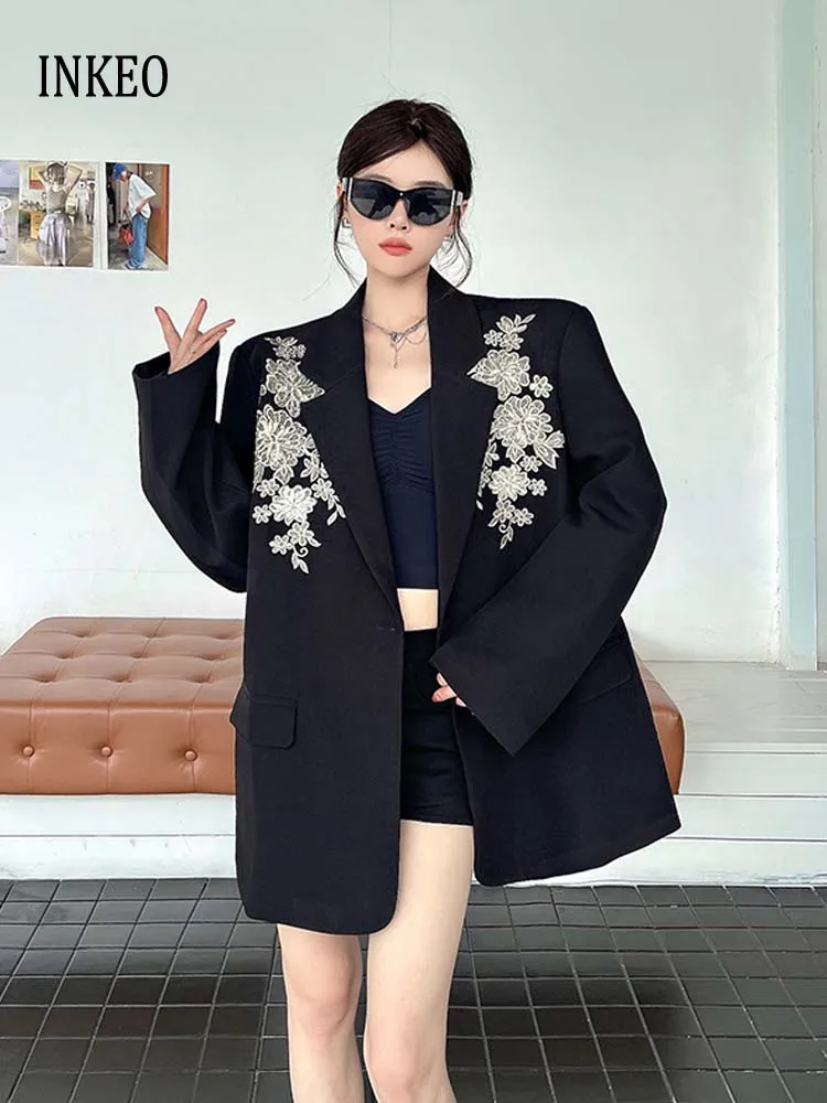 New design Lace patchwork blazer for women Loose 2025 Fall Black Single button Notched collar jacket Oversize Fashion Coat 5O083