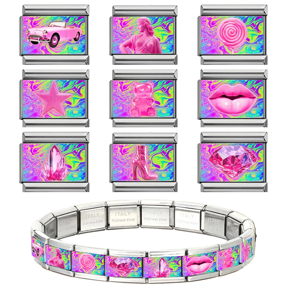 Y2k Trendy Lip Diamond Boot  Psychedelic Tie Dye Modular Bracelet Stainless Steel 9mm Bracelet DIY Making Jewelry