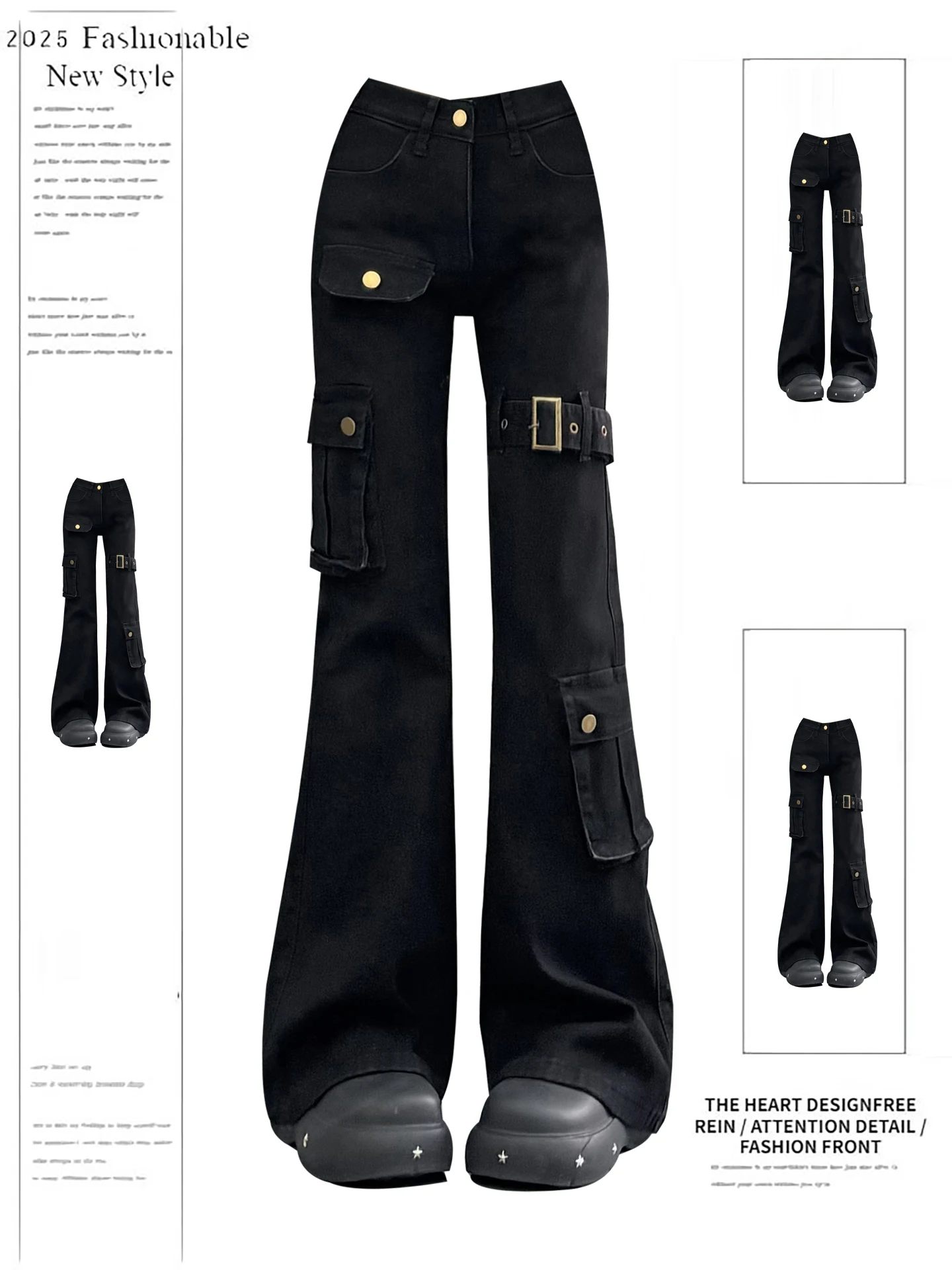 

Slim Fit American Bla Bell Bot Jeans Women Spring Autumn Spicy Girl Design Sense Belt Splicing Bell Pants Slimming