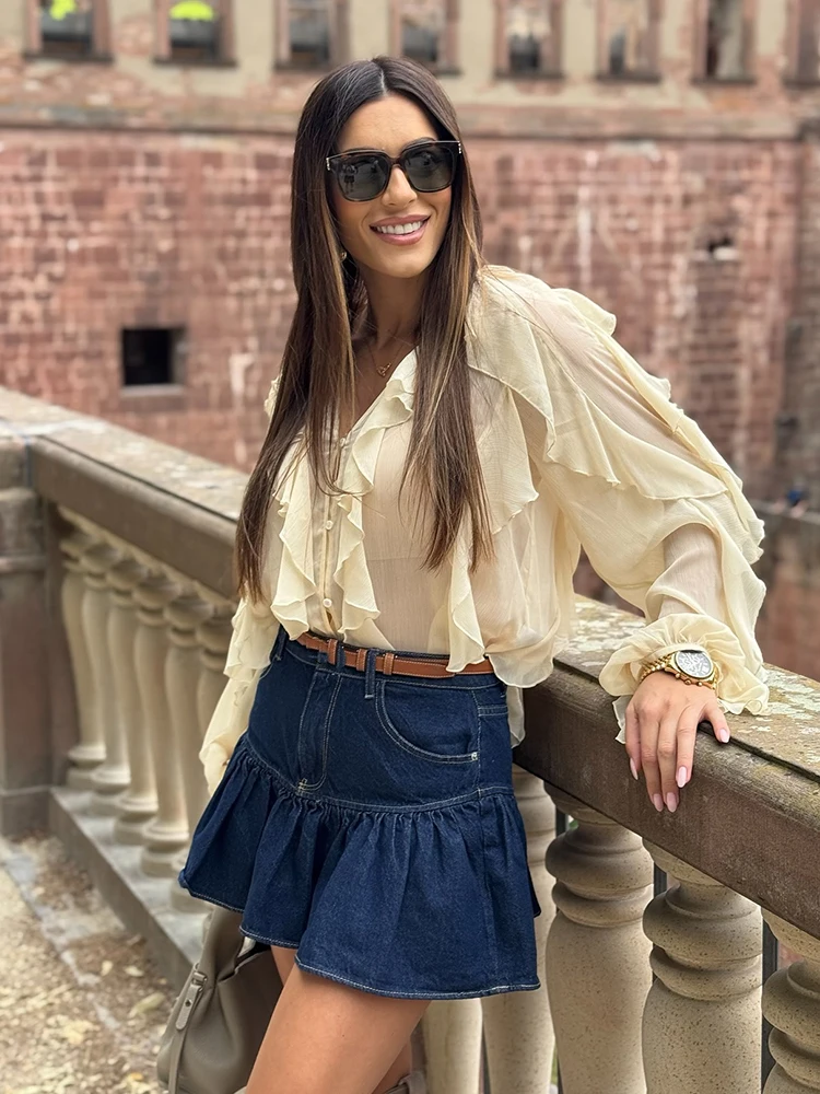 HH Women Spring Autumn Elegant V-Neck Temperament Blouse Female Loose Single-Breasted Long Sleeves Laminated Decorative Shirts